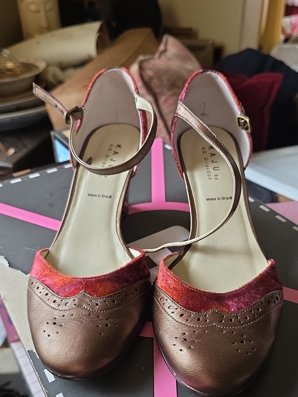 Bronze Metallic Heels with Pink Velvet Trim